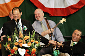 Gov. Deval Patrick, right, reacts as Massachusetts Senate President Robert Travaglini, left, jokes about Patrick